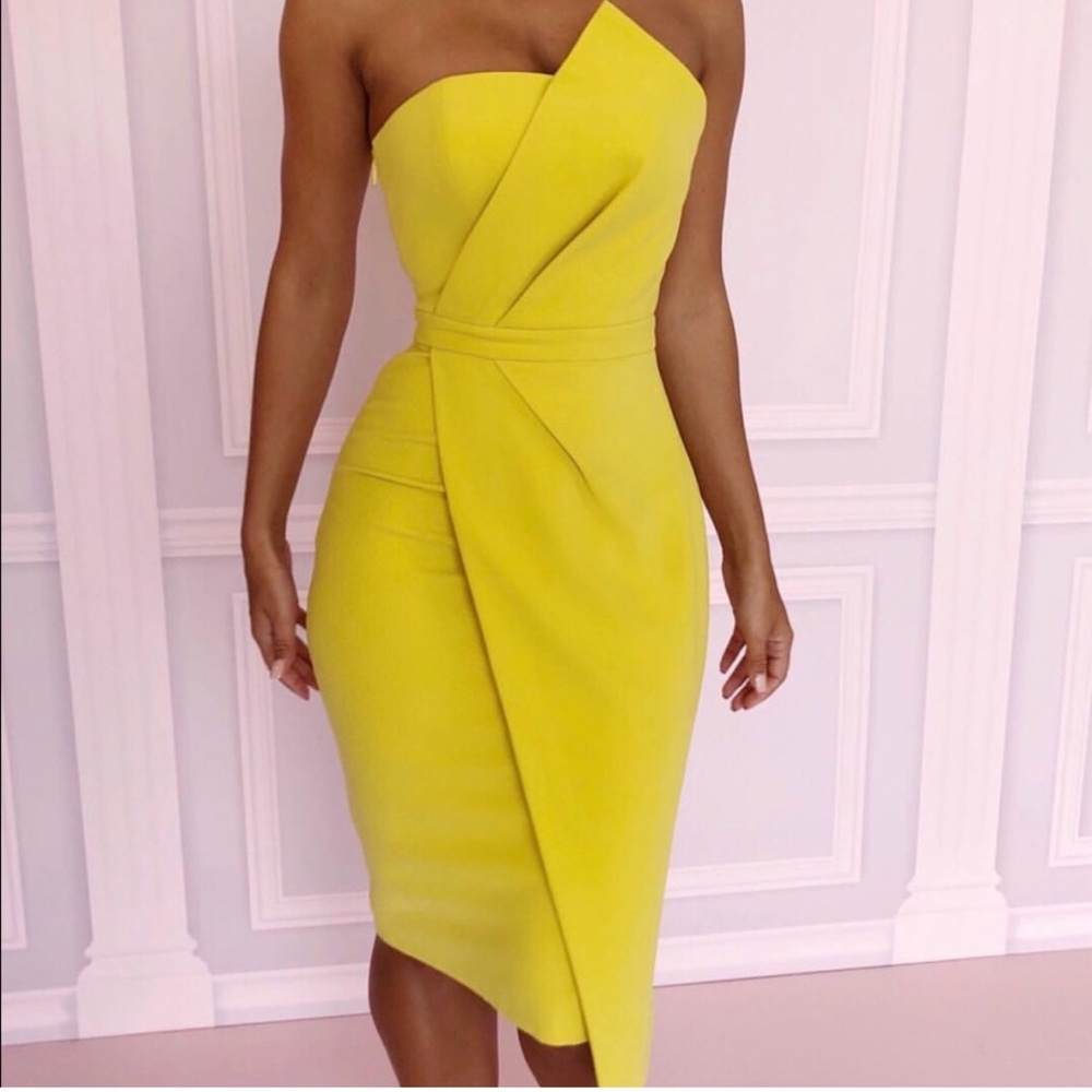 House of CB Uma strapless Vibrant Yellow Asymmetrical Dress